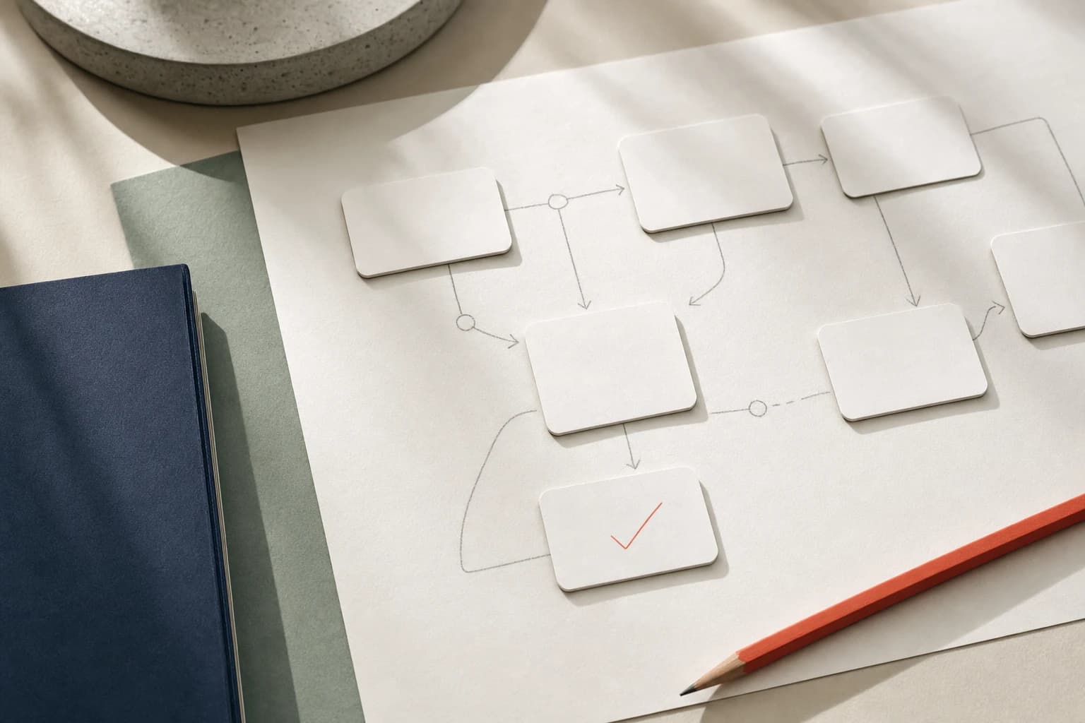 A close-up paper planning board with connected blank cards and a coral pencil mark