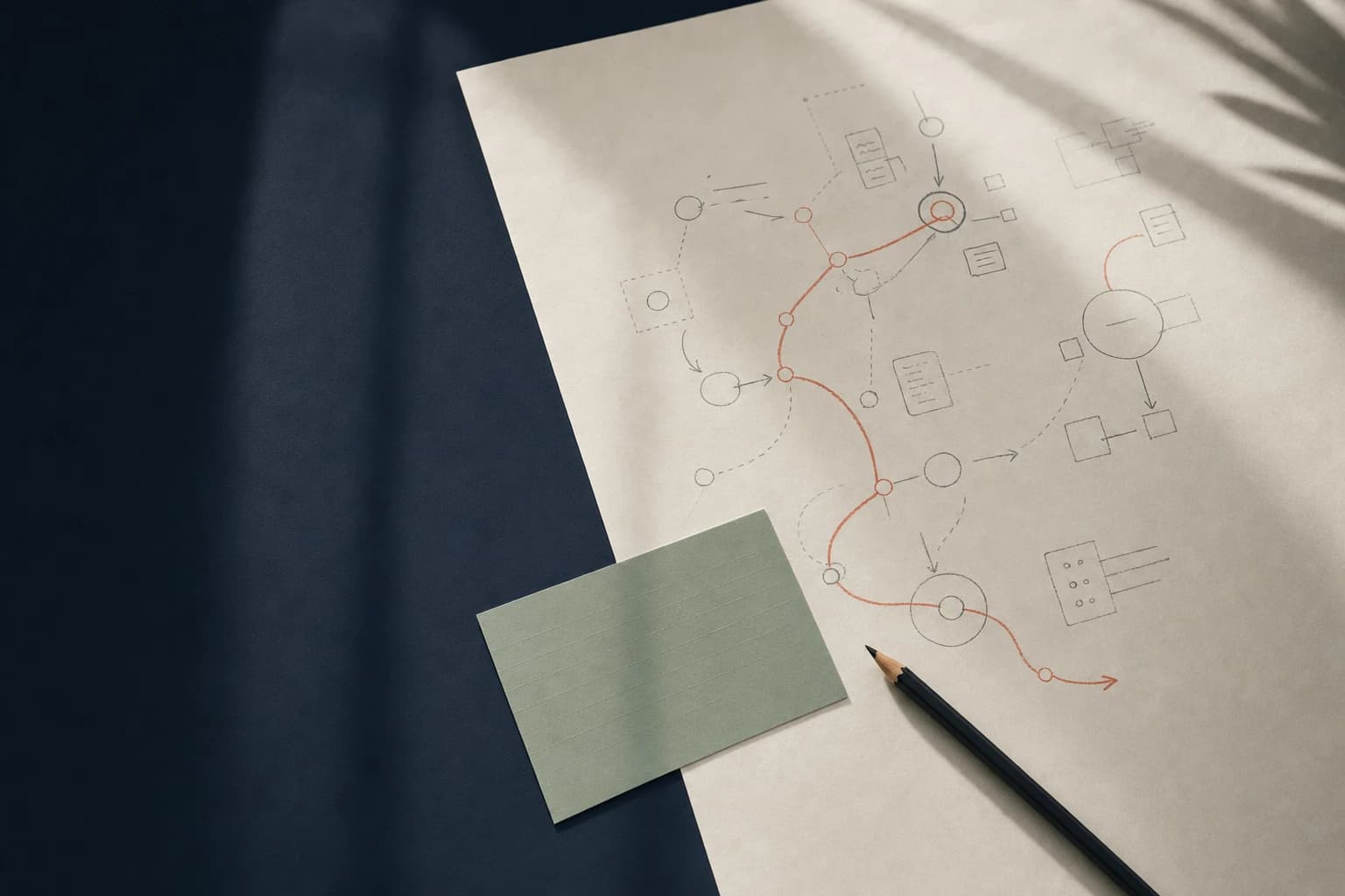 An editorial overhead view of a paper customer journey map on a navy desk